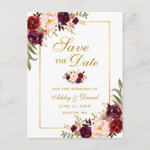 Postal De Anuncios Elegante Floral Borgoña Save the Date Dorado