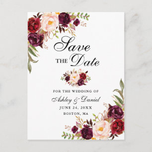 Postal De Anuncios Elegante Floral Burgundy Moderno Save the Date Neg