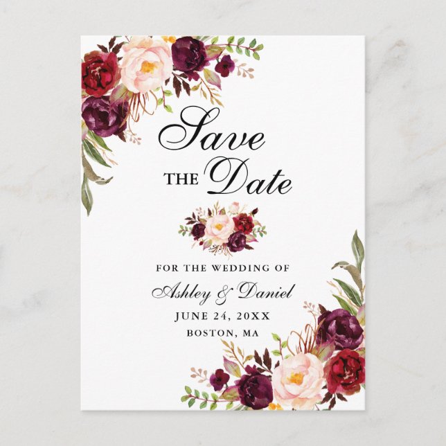 Postal De Anuncios Elegante Floral Burgundy Moderno Save the Date Neg (Anverso)