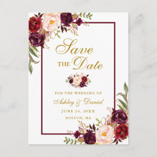 Postal De Anuncios Elegante Floral Burgundy Oro Save the Date
