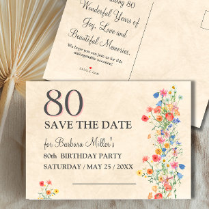 Postal De Anuncios Elegante Floral Cumpleaños 80 Ahorre la Fecha