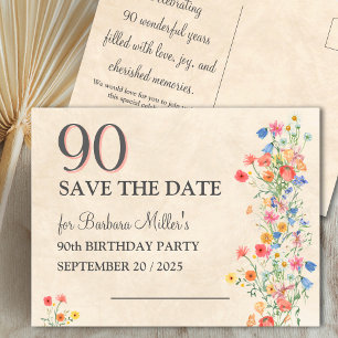 Postal De Anuncios Elegante Floral Cumpleaños 90 Años Salva la Fecha