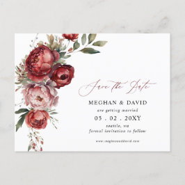 Postal De Anuncios Elegante Floral de Borgona Save the Date