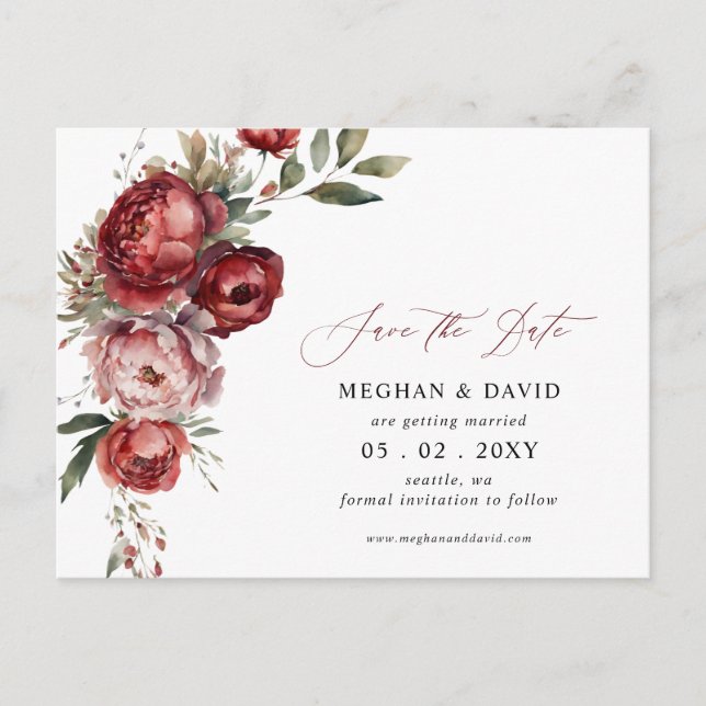 Postal De Anuncios Elegante Floral de Borgona Save the Date (Anverso)