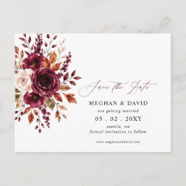 Postal De Anuncios Elegante Floral de Otoño Burgundy Save the Date