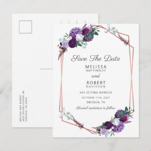 Postal De Anuncios Elegante Floral Púrpura Geométrico Save the Date