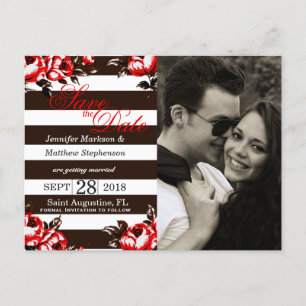 Postal De Anuncios Elegante floral roja moderna y franjas blancas y n