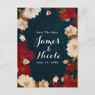 Postal De Anuncios Elegante Floral Rojo y Blanco Save the Date Modern