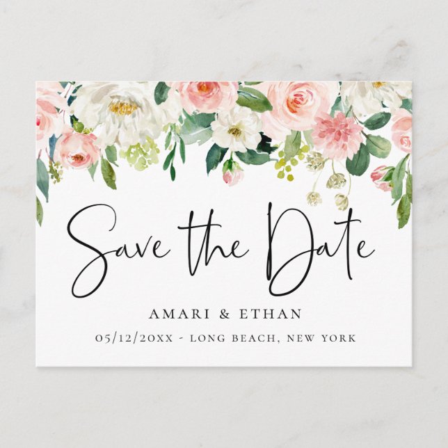 Postal De Anuncios Elegante floral rosa y blanca salva la fecha (Anverso)