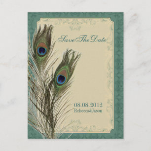 Postal De Anuncios elegante floral vintage de pavo real Guarde la fec