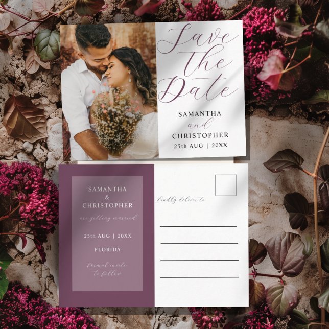 Postal De Anuncios Elegante Foto Burgundy Save the Date Boda  (Subido por el creador)
