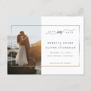 Postal De Anuncios Elegante Foto con Marco de Oro Boda