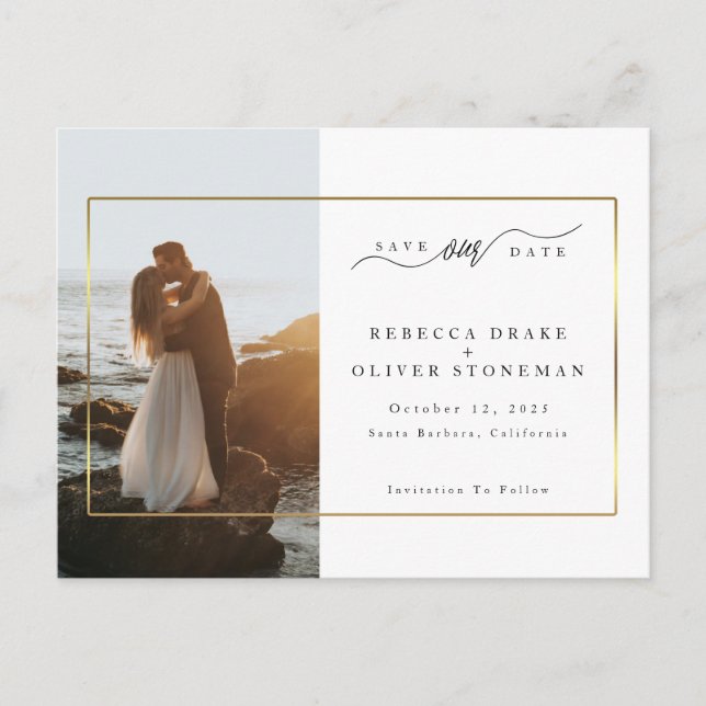 Postal De Anuncios Elegante Foto con Marco de Oro Boda (Anverso)
