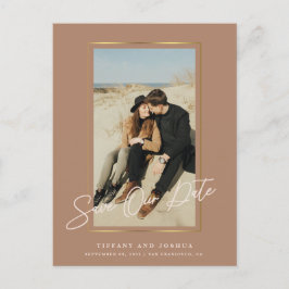 Postal De Anuncios Elegante Foto con Marco de Oro para Boda Save The