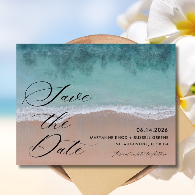 Postal De Anuncios Elegante foto de boda de playa Salven la fecha (Elegant Beach Wedding Photo Save the Date Postcard)