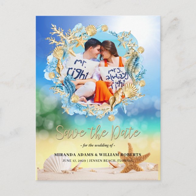 Postal De Anuncios Elegante Foto de Boda en Playa Tropical (Anverso)