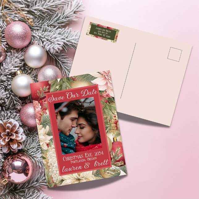 Postal De Anuncios Elegante foto de boda romántica de Nochebuena (Stylish Christmas Wedding Save the Date postcard with elegant layout
)