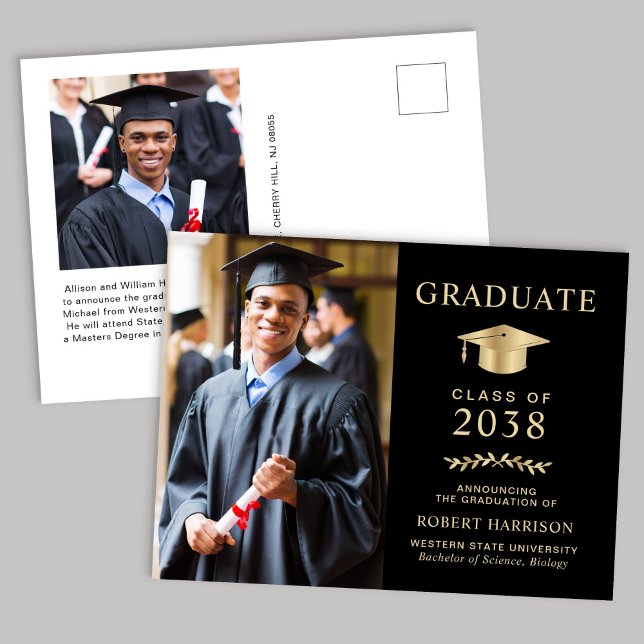 Postal De Anuncios Elegante foto de graduación de Black Gold College (An elegant college graduation announcement to celebrate the graduate's achievements)