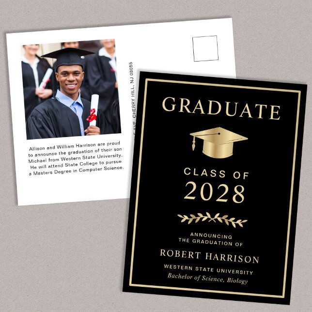 Postal De Anuncios Elegante foto de universidad negro oro graduación (Subido por el creador)