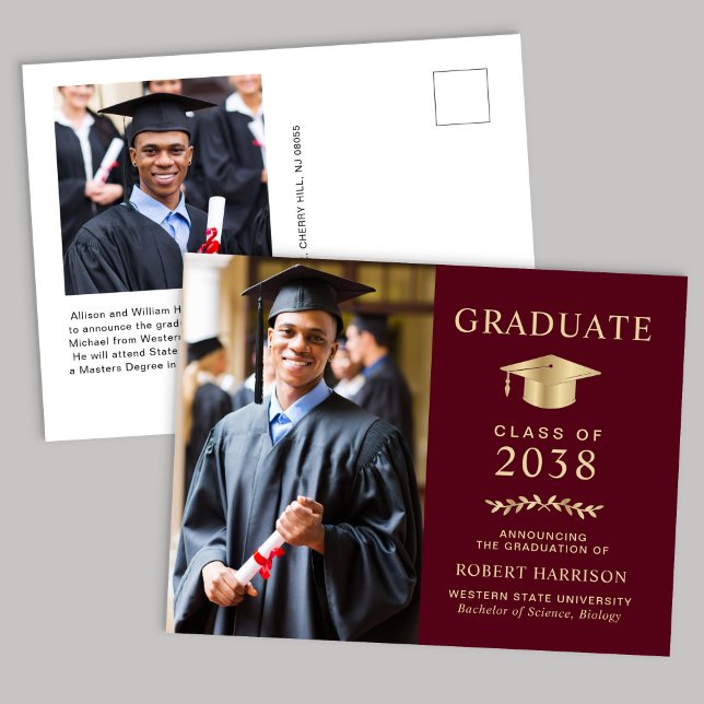 Postal De Anuncios Elegante foto graduación universitaria burdeos dor (An elegant college graduation announcement to celebrate the graduate's achievements)