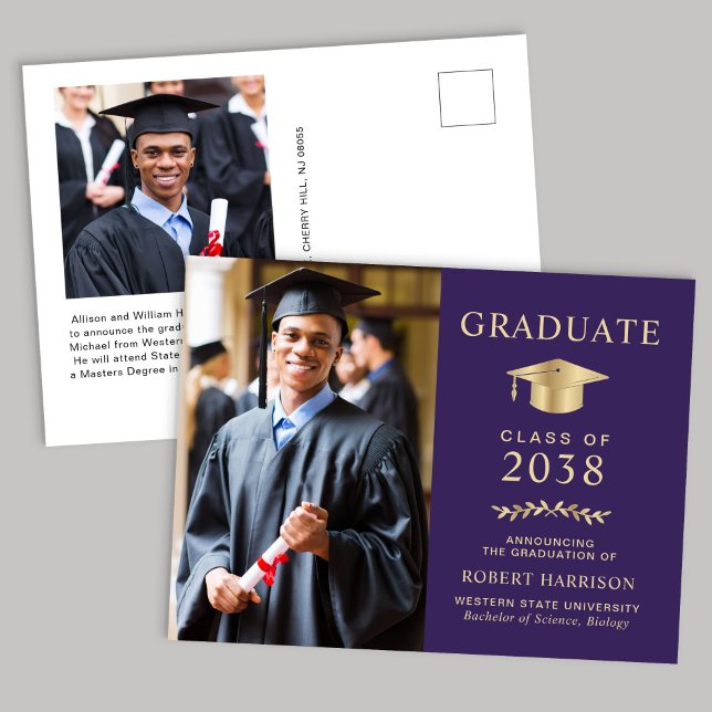 Postal De Anuncios Elegante foto púrpura dorado graduación universita (An elegant college graduation announcement to celebrate the graduate's achievements)