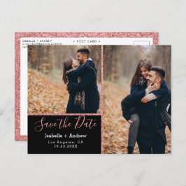 Postal De Anuncios Elegante Foto Rosa Negra con Brillo Save the Date