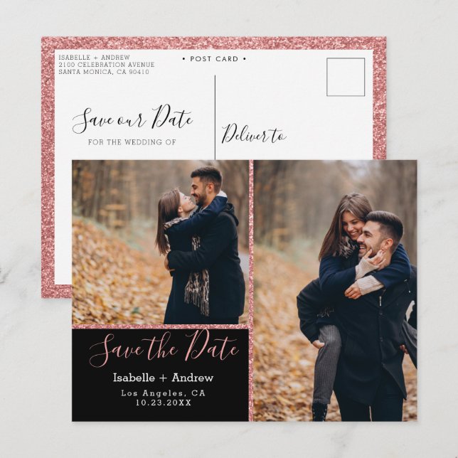 Postal De Anuncios Elegante Foto Rosa Negra con Brillo Save the Date (Anverso / Reverso)