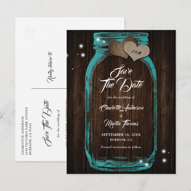 Postal De Anuncios Elegante Frasco de Mason Teal de Madera Boda Guard (Anverso / Reverso)