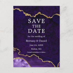 Postal De Anuncios Elegante Geode Purple Gold Marble Ahorra La Fecha