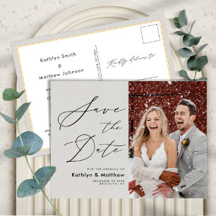 Postal De Anuncios Elegante Gris Script Fotomontaje Boda Guardar La F