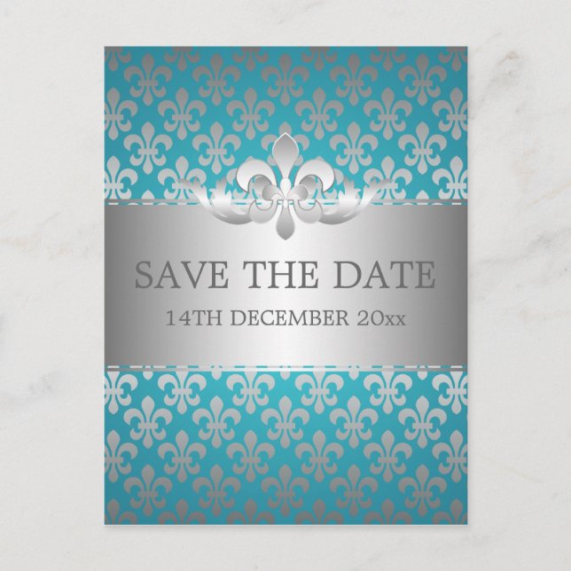 Postal De Anuncios Elegante guardar la fecha Fleur De Lis azul (Anverso)