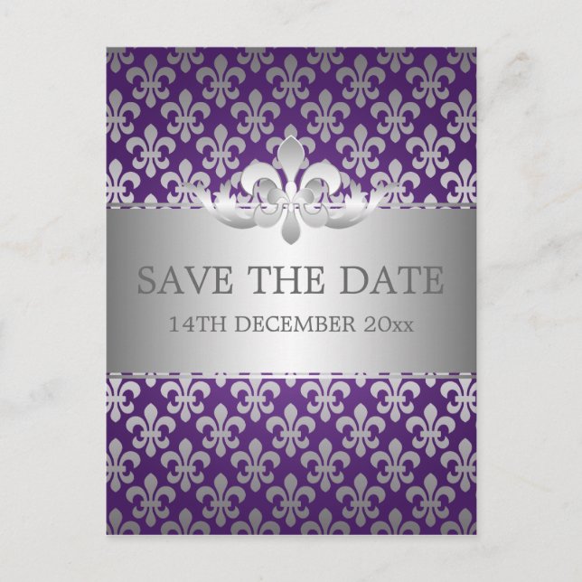 Postal De Anuncios Elegante Guardar La Fecha Fleur De Lis Purple (Anverso)