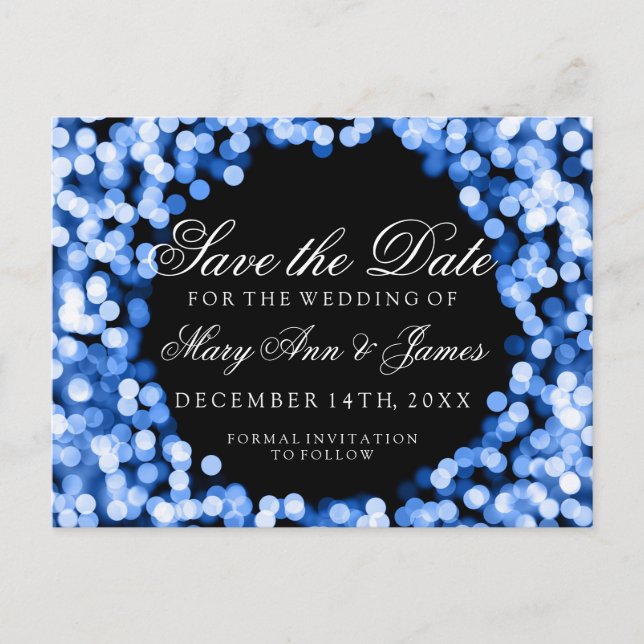 Postal De Anuncios Elegante guardar la fecha luces azules brillantes (Anverso)