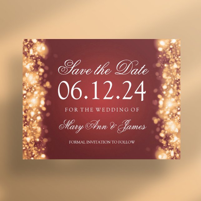 Postal De Anuncios Elegante guardar la fecha Luces brillantes doradas (Elegant Save The Date Sparkling Lights Gold Announcement Postcard)