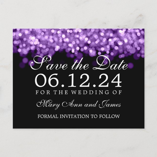 Postal De Anuncios Elegante guardar la fecha luces púrpuras (Anverso)