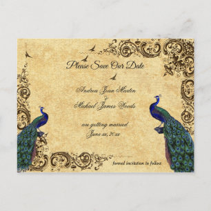 Postal De Anuncios Elegante, Guarde la Fecha, Pavos Reales,