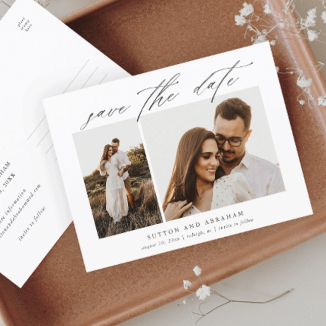 Postal De Anuncios Elegante guión 2 foto boda guardar la fecha (Subido por el creador)