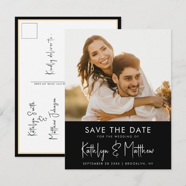 Postal De Anuncios Elegante Guión Blanco Blanco Negro Moderno Ahorra  (Anverso / Reverso)