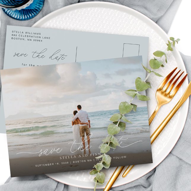 Postal De Anuncios Elegante guión moderno foto guardar la fecha boda (Elegant Modern Script Photo Save The Date Wedding Announcement Postcard)
