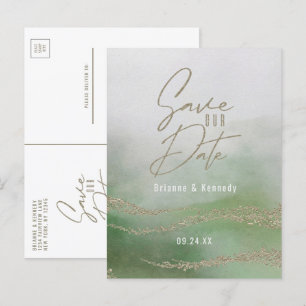 Postal De Anuncios Elegante hoja de color verde y oro salva la fecha