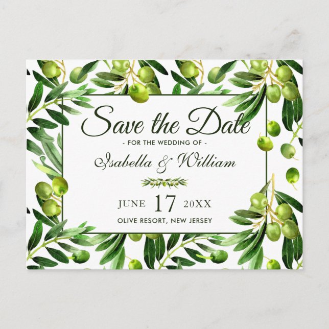 Postal De Anuncios Elegante hoja de olivo boho jardín Save the Date (Anverso)