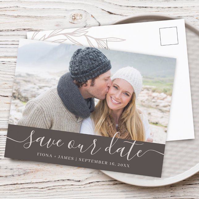 Postal De Anuncios Elegante Laurel Leaf Photo Save Our Date (Elegant Laurel Leaf Photo Save Our Date Announcement Postcard)
