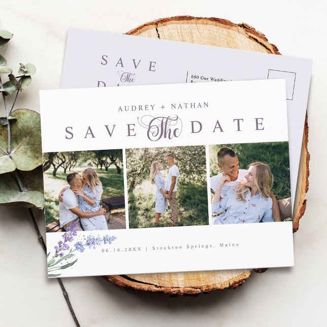 Postal De Anuncios Elegante Lavanda 3 Fotos Guardar La Fecha (Elegant Lavender 3 Photos Save The Date Announcement Postcard)
