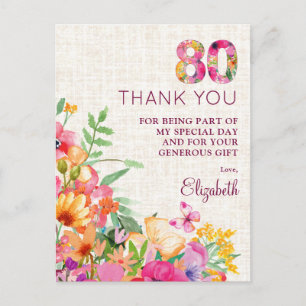 Postal De Anuncios Elegante Lino Agradecimiento Cumpleaños 80