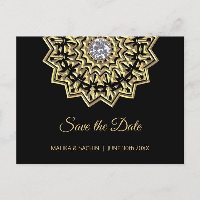 Postal De Anuncios Elegante Mandala Boda Negra India GUARDA LA FECHA (Anverso)