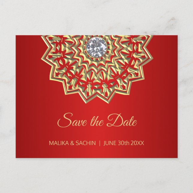 Postal De Anuncios Elegante Mandala Indio ROJO Boda GUARDAR LA FECHA (Anverso)