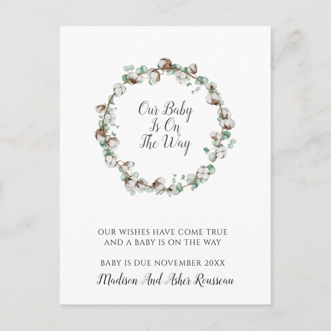 Postal De Anuncios Elegante marco de vegetación de algodón Embarazo  (Anverso)