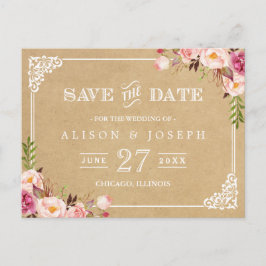 Postal De Anuncios Elegante marco floral Kraft Wedding Save the Date