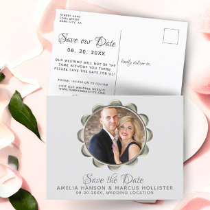 Postal De Anuncios Elegante marco oval gris Save the Date con foto