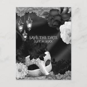Postal De Anuncios Elegante Mascarada en Blanco y Negro Save the Date